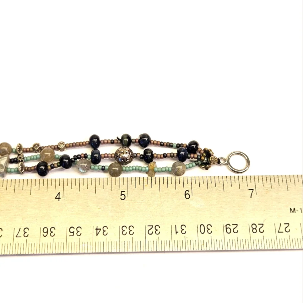 Labradorite and Deep Blue Tiger's Eye Triple Strand Beaded Bracelet